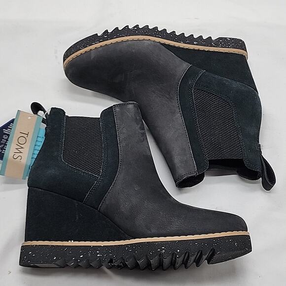 TOMS MADDIE BLACK/LEATHER/SUEDE PULL UP BOOTS WATERPROOF WEDGE LADIES 7🔥NWOB🔥 - Picture 11 of 16